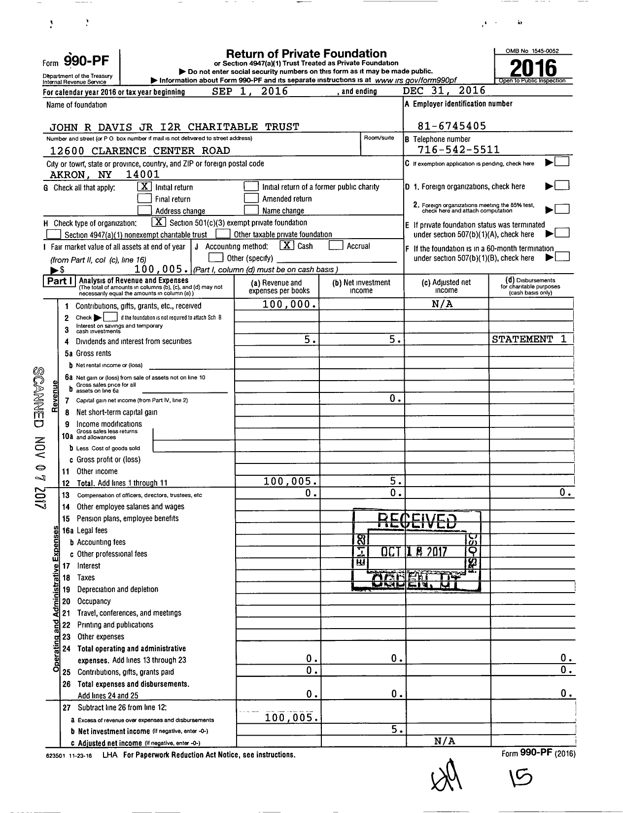 Image of first page of 2016 Form 990PF for John R Davis JR I2r Charitable Trust Richard Campbell Trustee