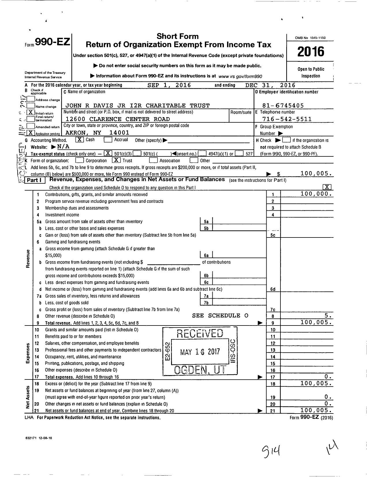 Image of first page of 2016 Form 990EZ for John R Davis JR I2r Charitable Trust Richard Campbell Trustee