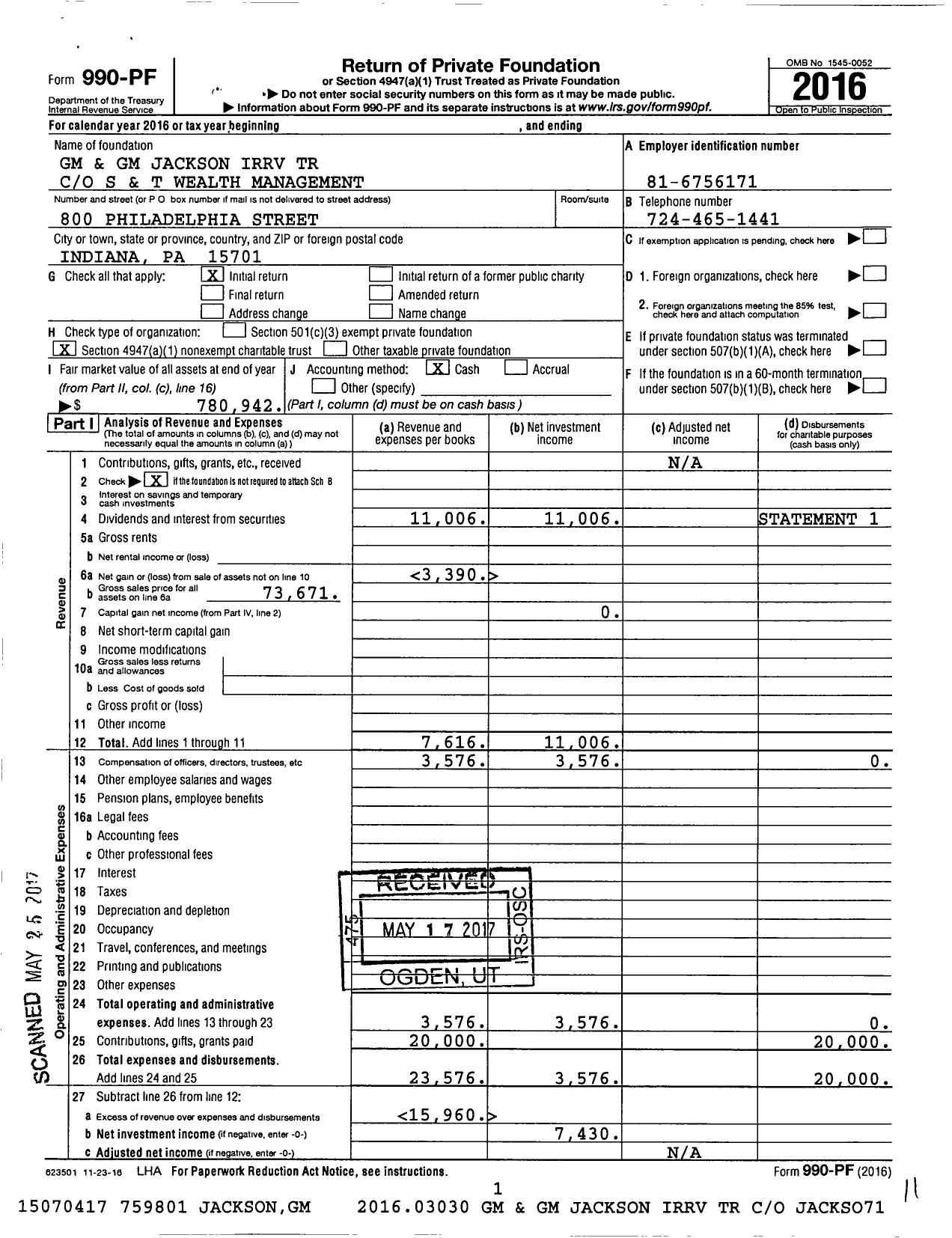 Image of first page of 2016 Form 990PF for GM and GM Jackson Irrevocable Trust