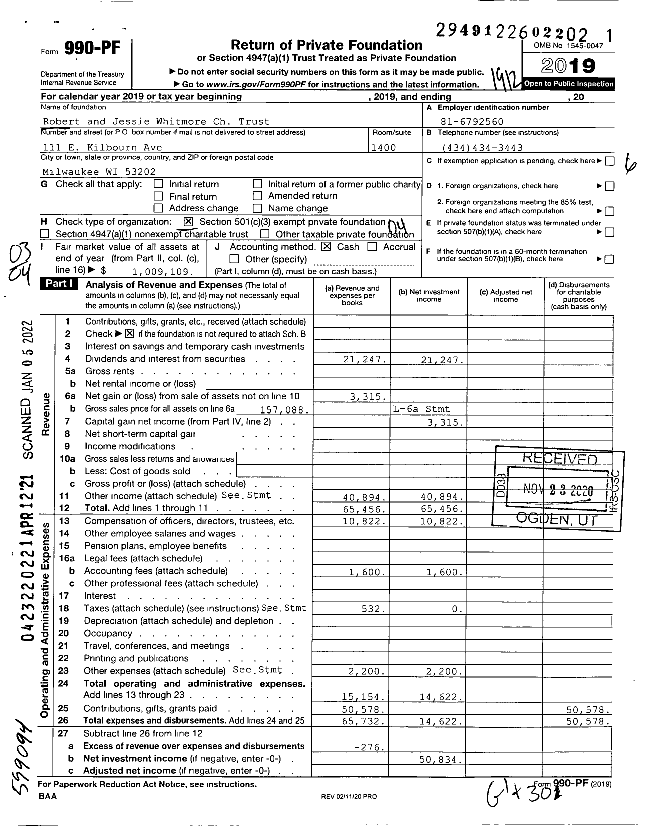 Image of first page of 2019 Form 990PF for Robert and Jessie Whitmore Charitable Trust