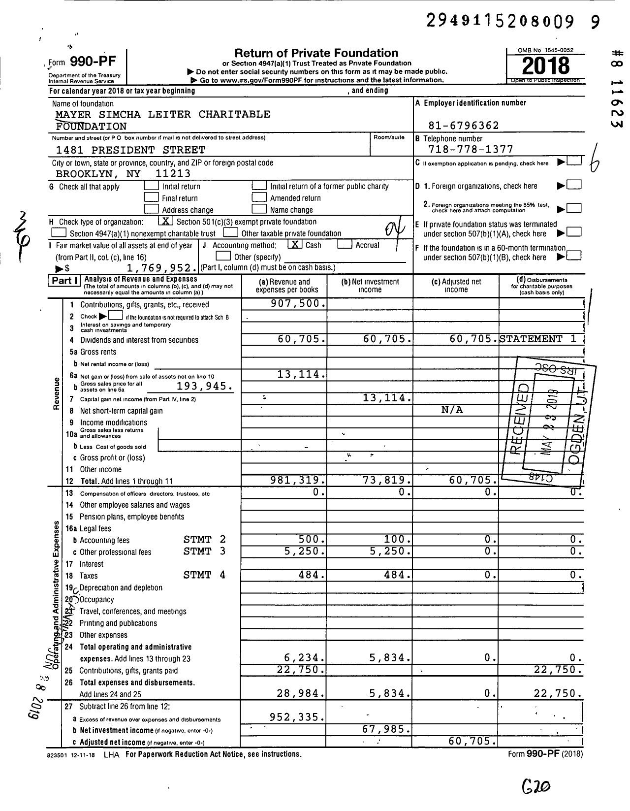 Image of first page of 2018 Form 990PF for Mayer Simcha Leiter Charitable Foundation