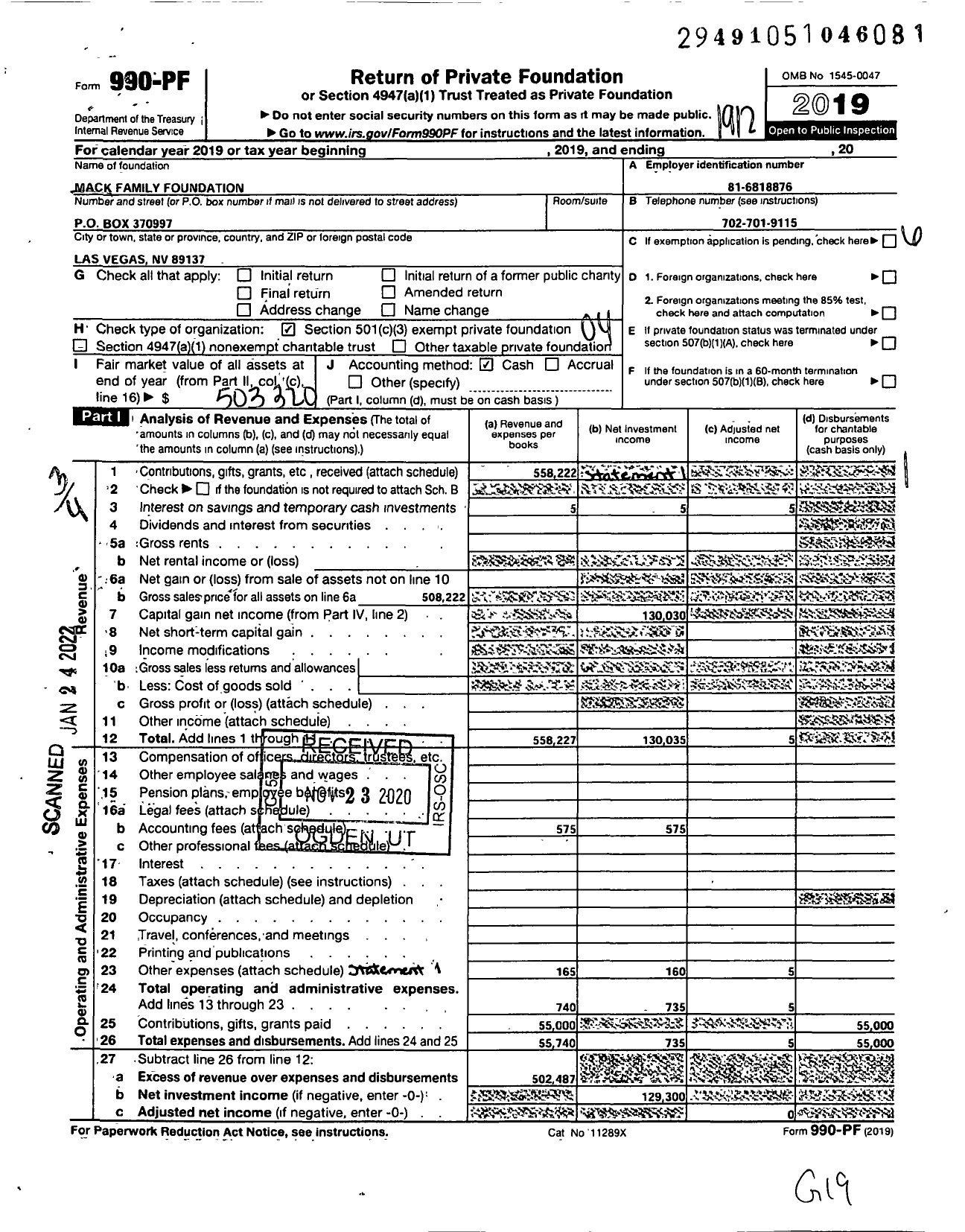 Image of first page of 2019 Form 990PF for Mack Family Foundation / Steven Mack Et Al Ttee