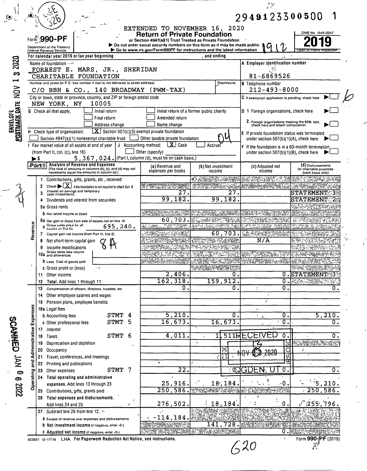 Image of first page of 2019 Form 990PF for Forrest E Mars JR Sheridan Charitable