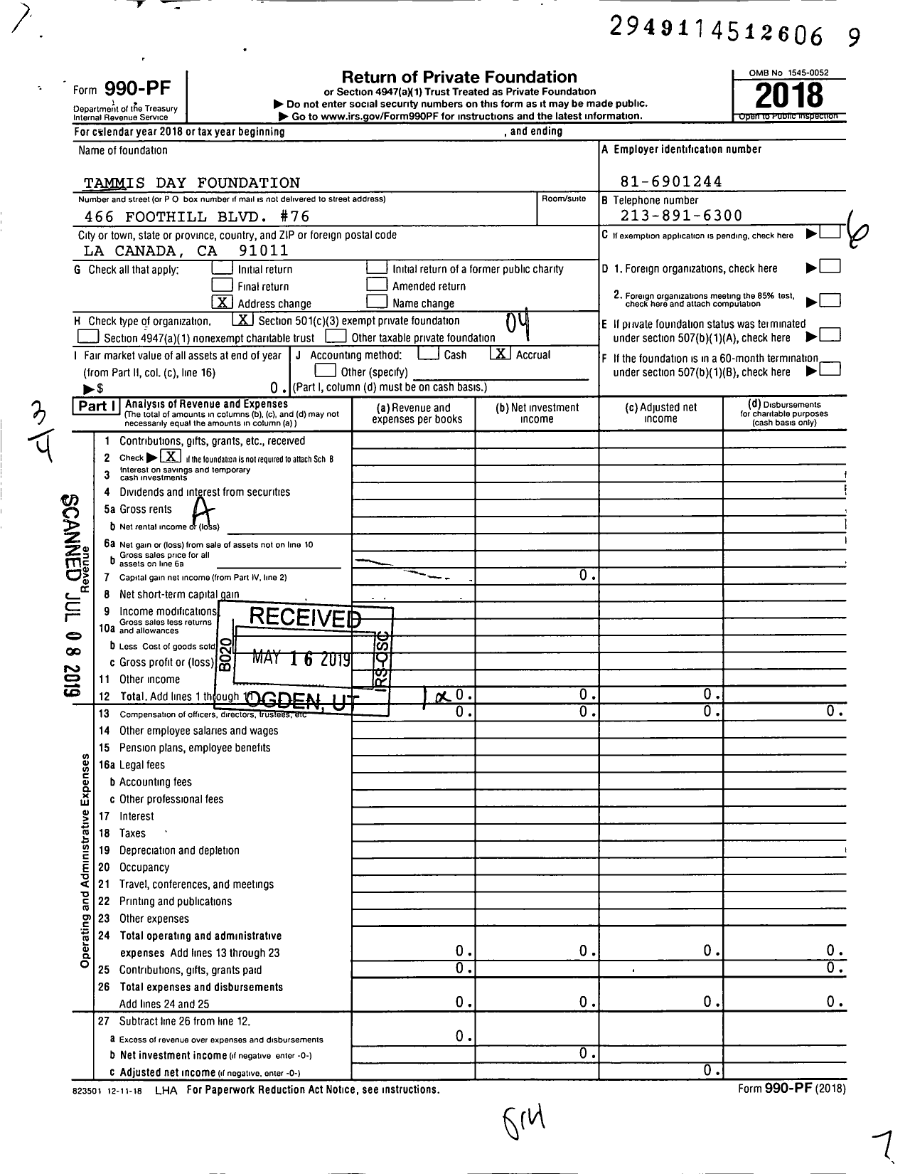 Image of first page of 2018 Form 990PF for Tammis Day Foundation