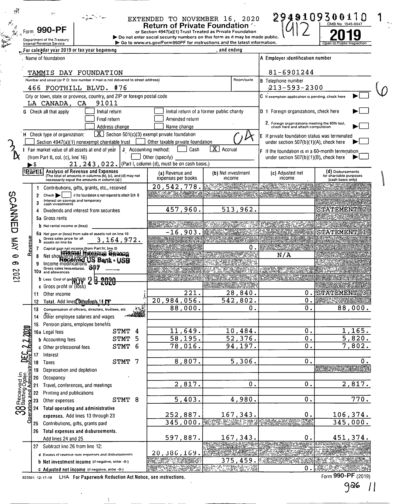 Image of first page of 2019 Form 990PF for Tammis Day Foundation