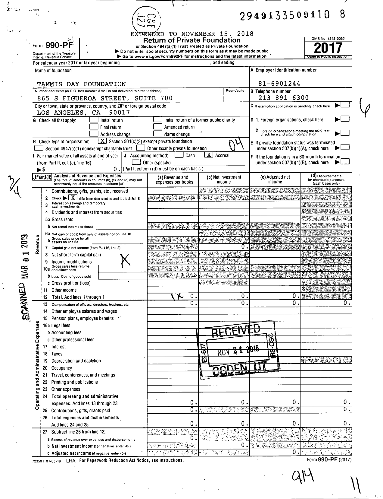 Image of first page of 2017 Form 990PF for Tammis Day Foundation