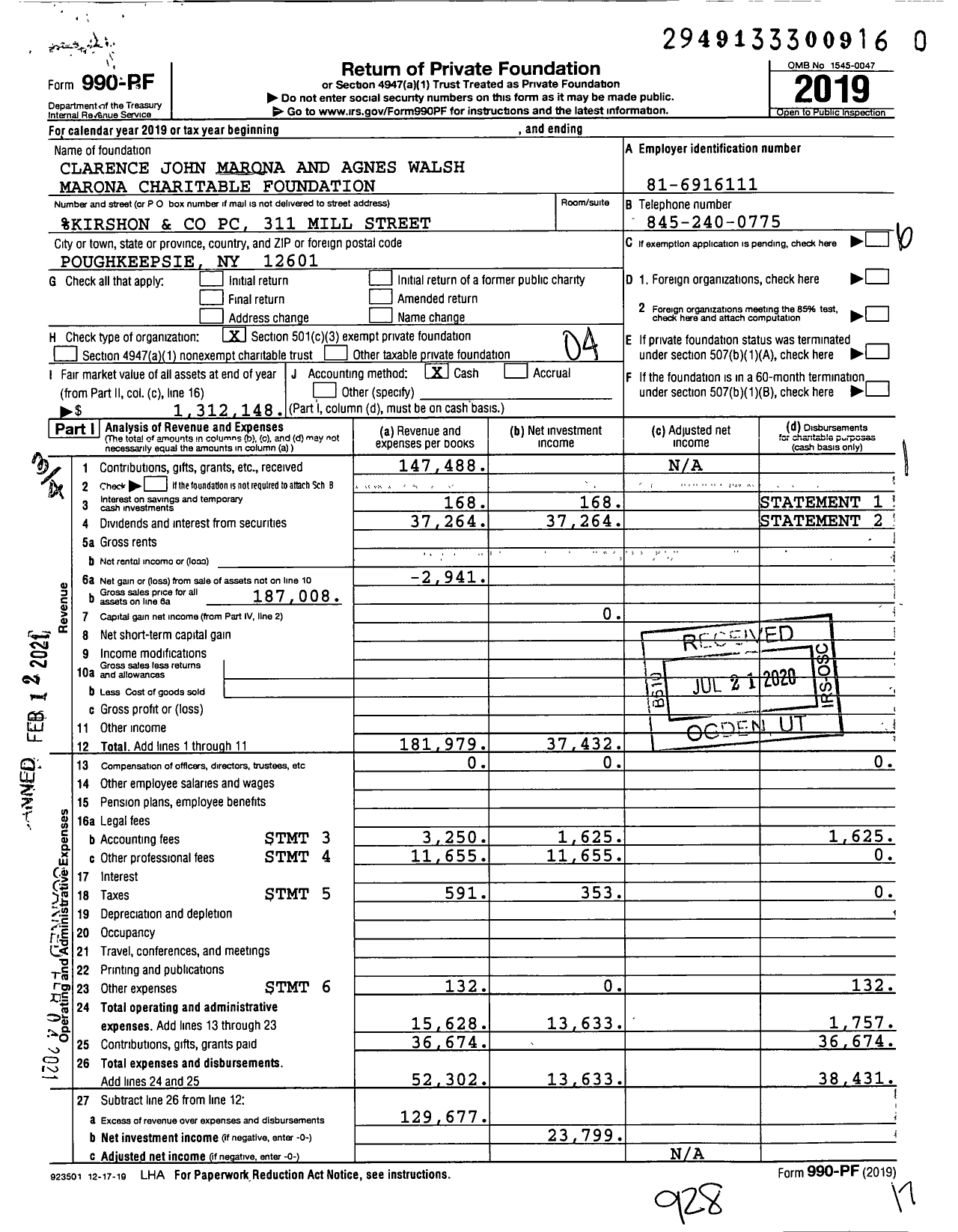 Image of first page of 2019 Form 990PF for Clarence John Marona and Agnes Walsh Marona Charitable Foundation