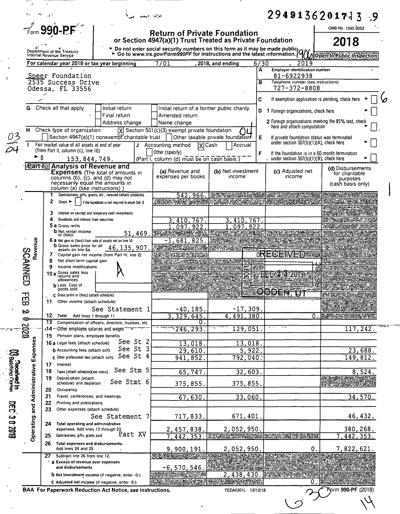 Image of first page of 2018 Form 990PR for Speer Foundation