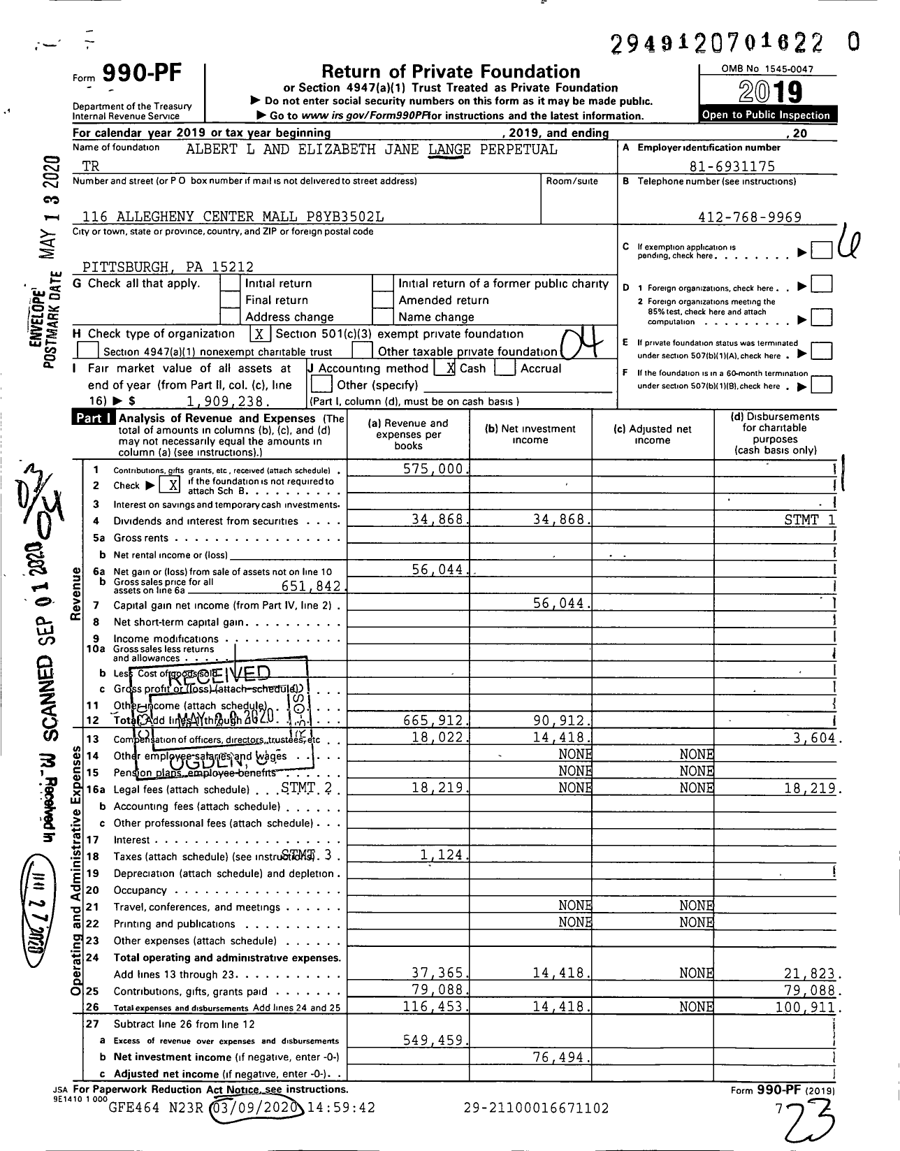 Image of first page of 2019 Form 990PR for Albert L and Elizabeth Jane Lange Perpetual