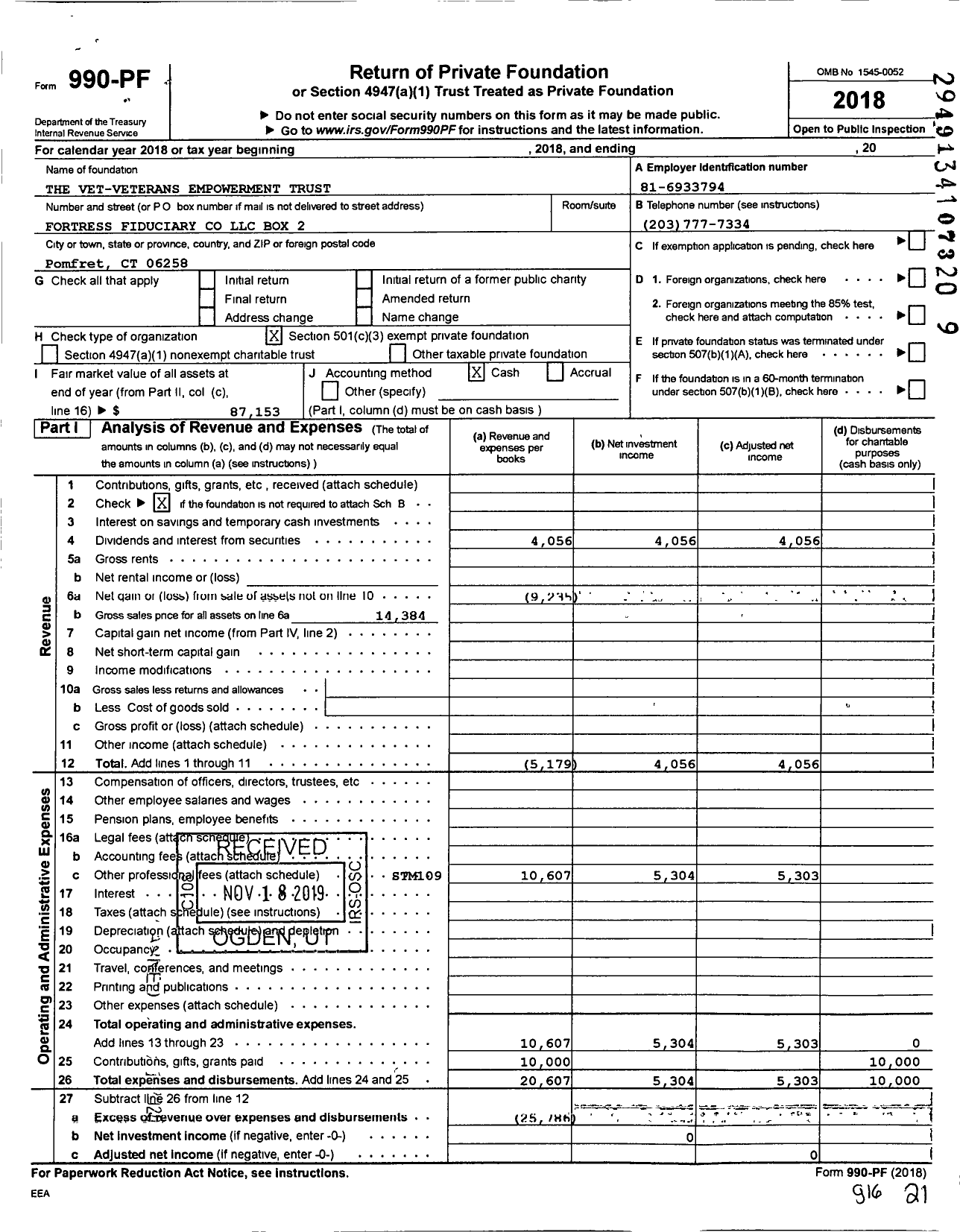 Image of first page of 2018 Form 990PF for The Vet-Veterans Empowerment Trust