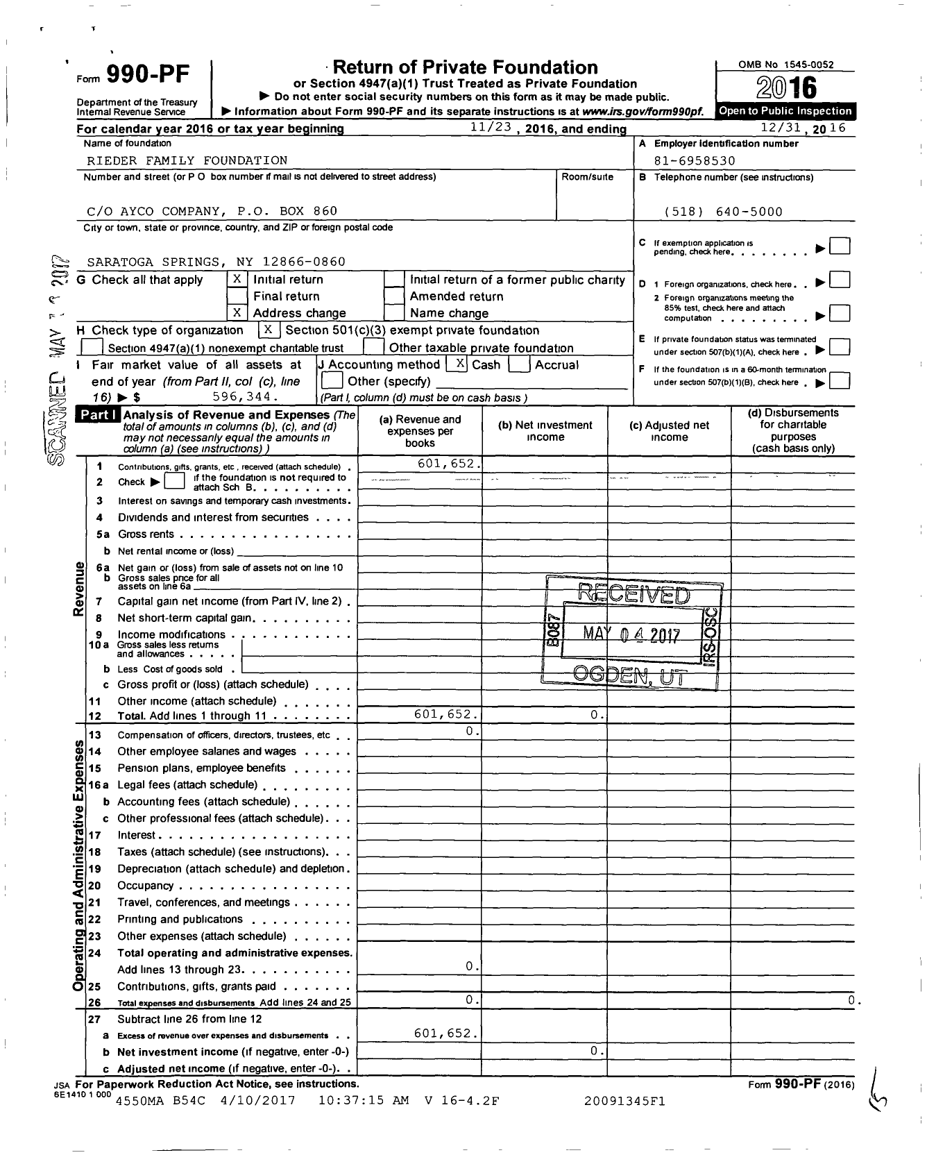 Image of first page of 2016 Form 990PF for Rieder Family Foundation
