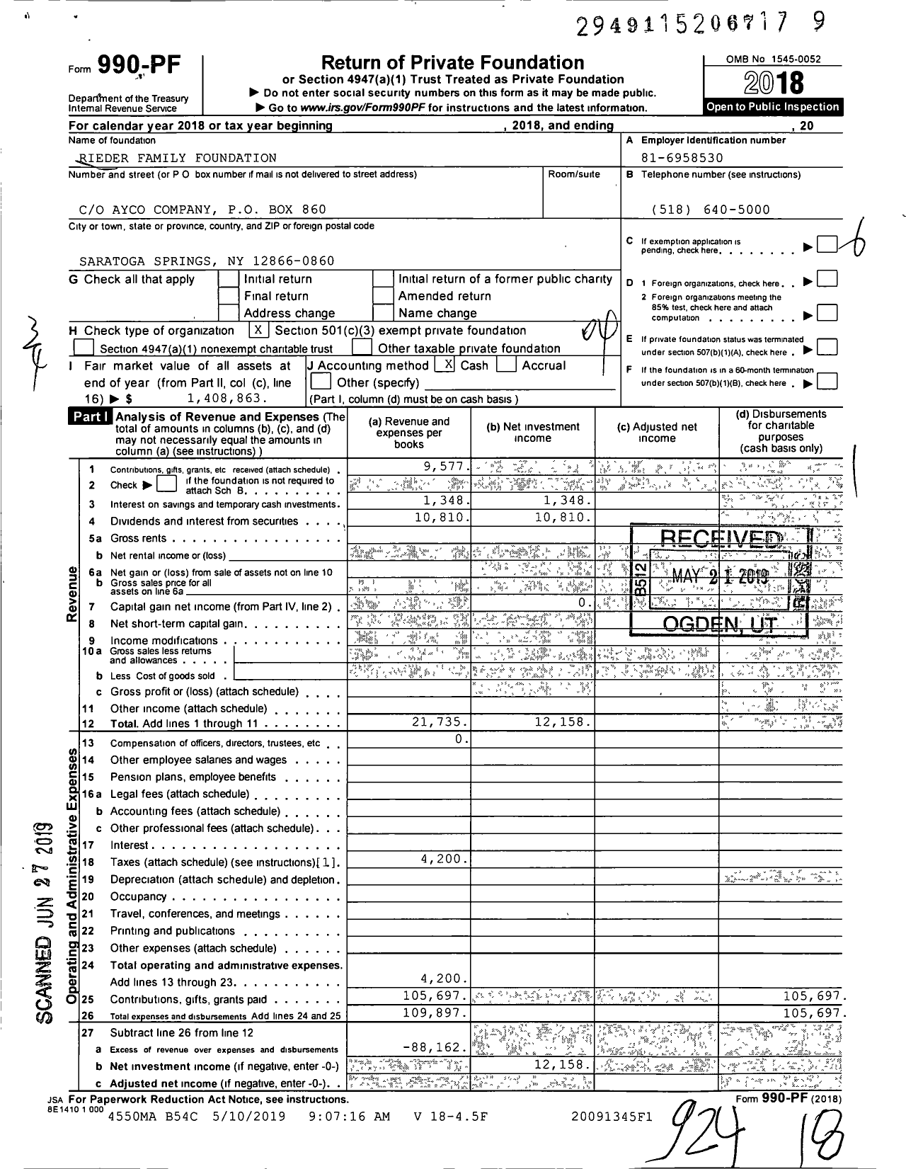 Image of first page of 2018 Form 990PF for Rieder Family Foundation
