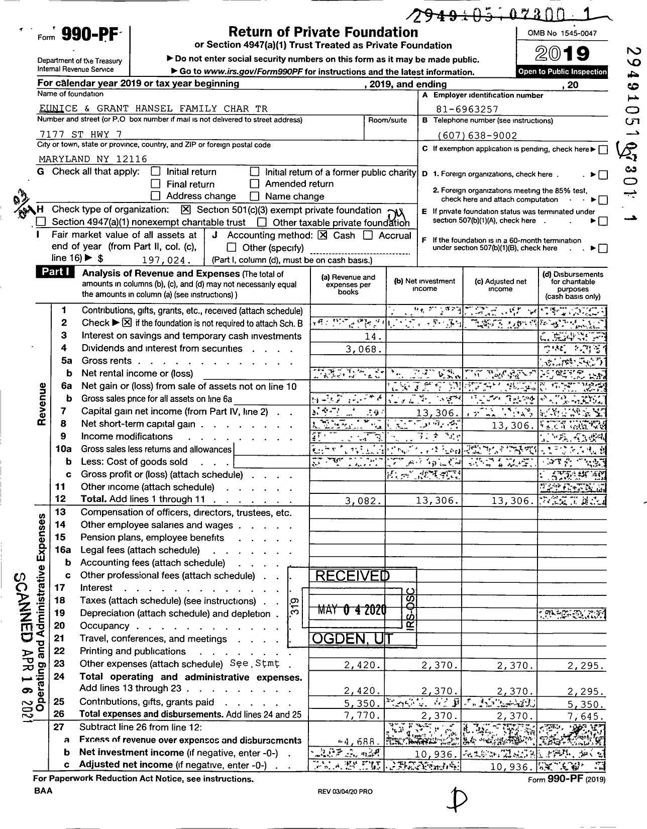 Image of first page of 2019 Form 990PF for Eunice and Grant Hansel Family Charitable Trust