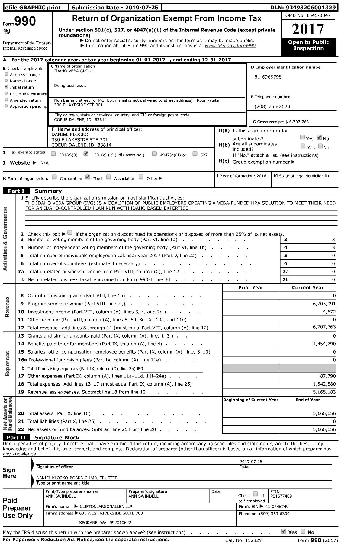 Image of first page of 2017 Form 990 for Idaho Veba Group