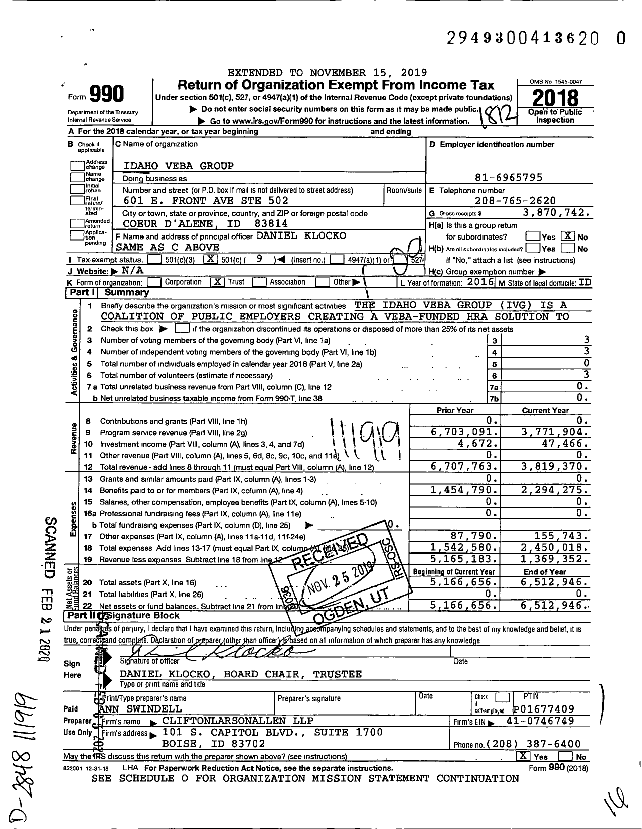 Image of first page of 2018 Form 990O for Idaho Veba Group