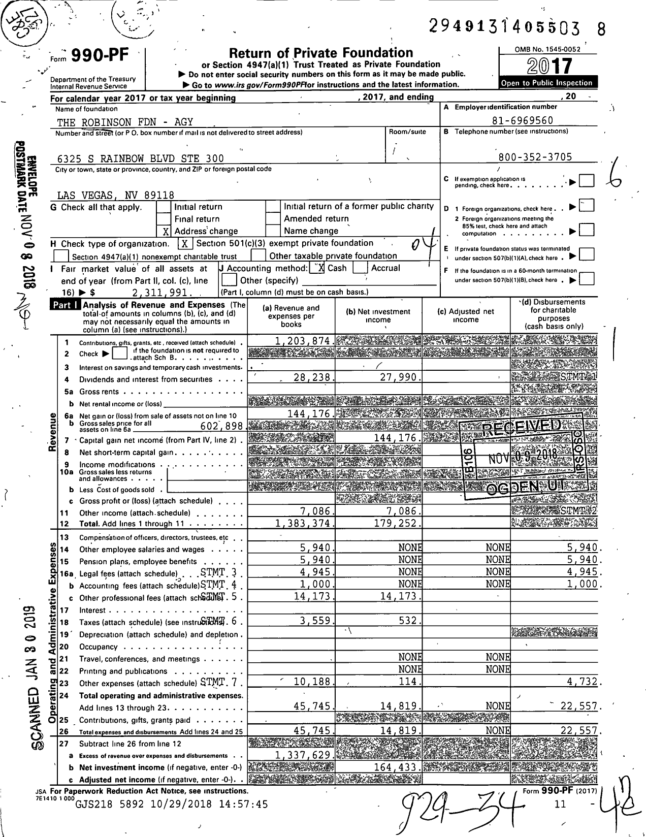 Image of first page of 2017 Form 990PF for The Robinson Fdn - Agy