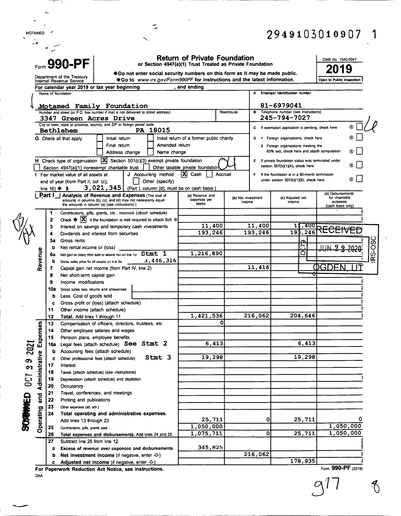 Image of first page of 2019 Form 990PF for Motamed Family Foundation