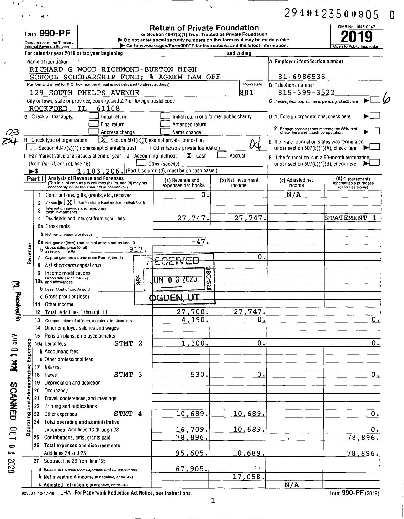 Image of first page of 2019 Form 990PR for Richard G Wood Richmond-Burton High School Scholarship Fund