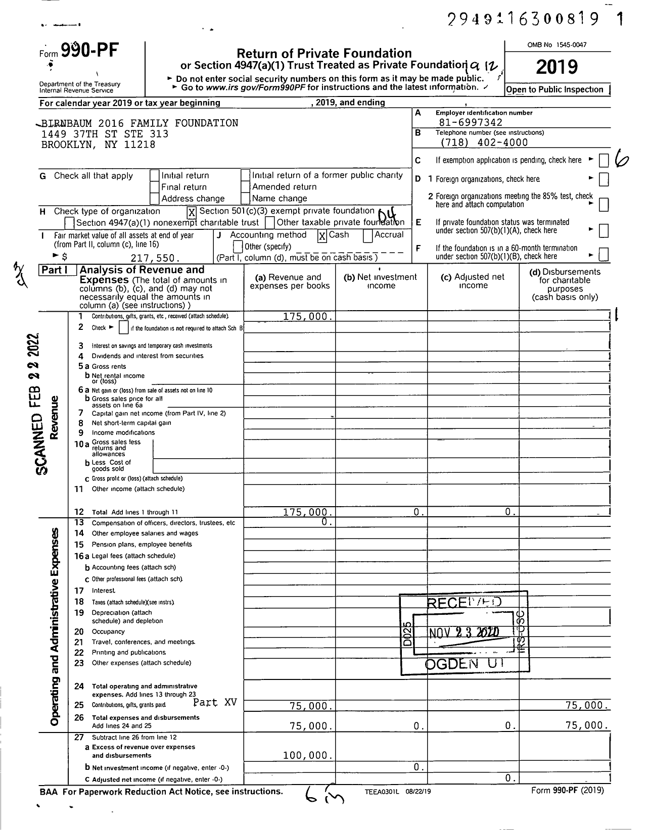 Image of first page of 2019 Form 990PF for Birnbaum 2016 Family Foundation