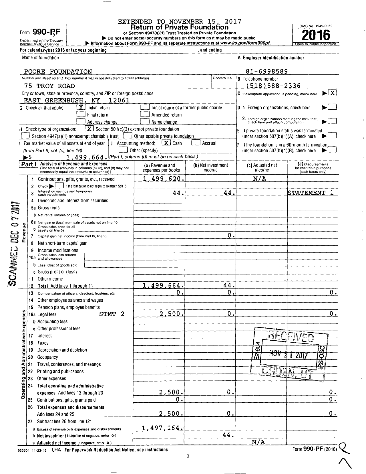 Image of first page of 2016 Form 990PF for Poore Foundation