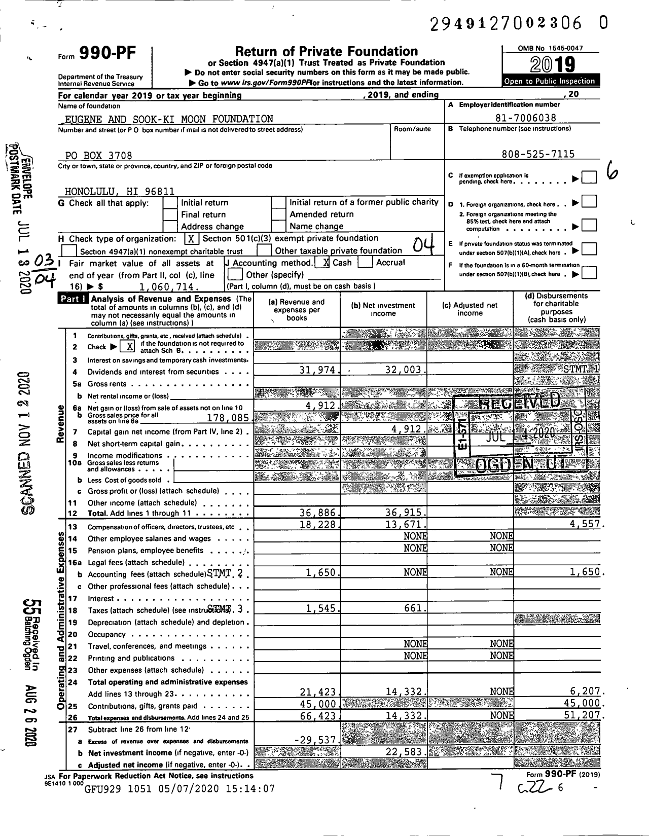 Image of first page of 2019 Form 990PF for Eugene and Sook-Ki Moon Foundation