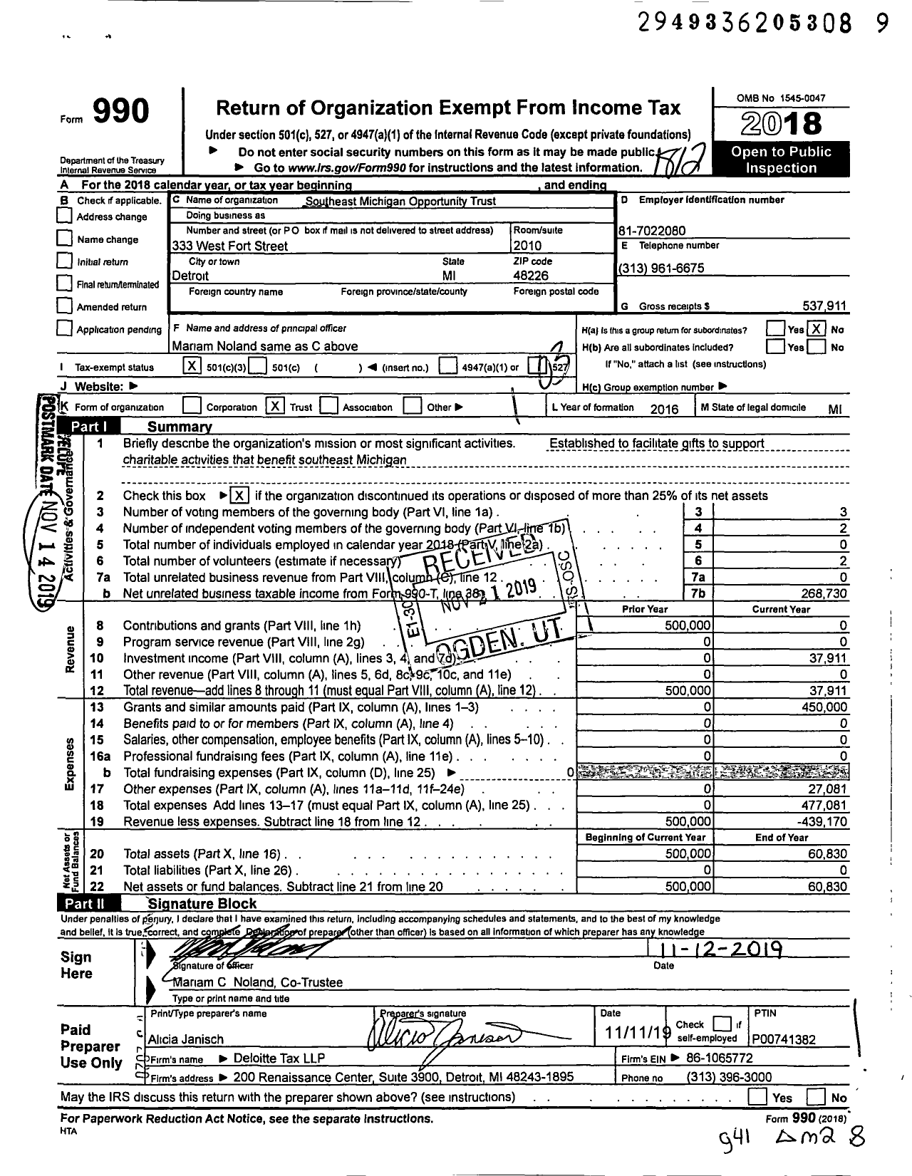 Image of first page of 2018 Form 990 for Southeast Michigan Opportunity Trust