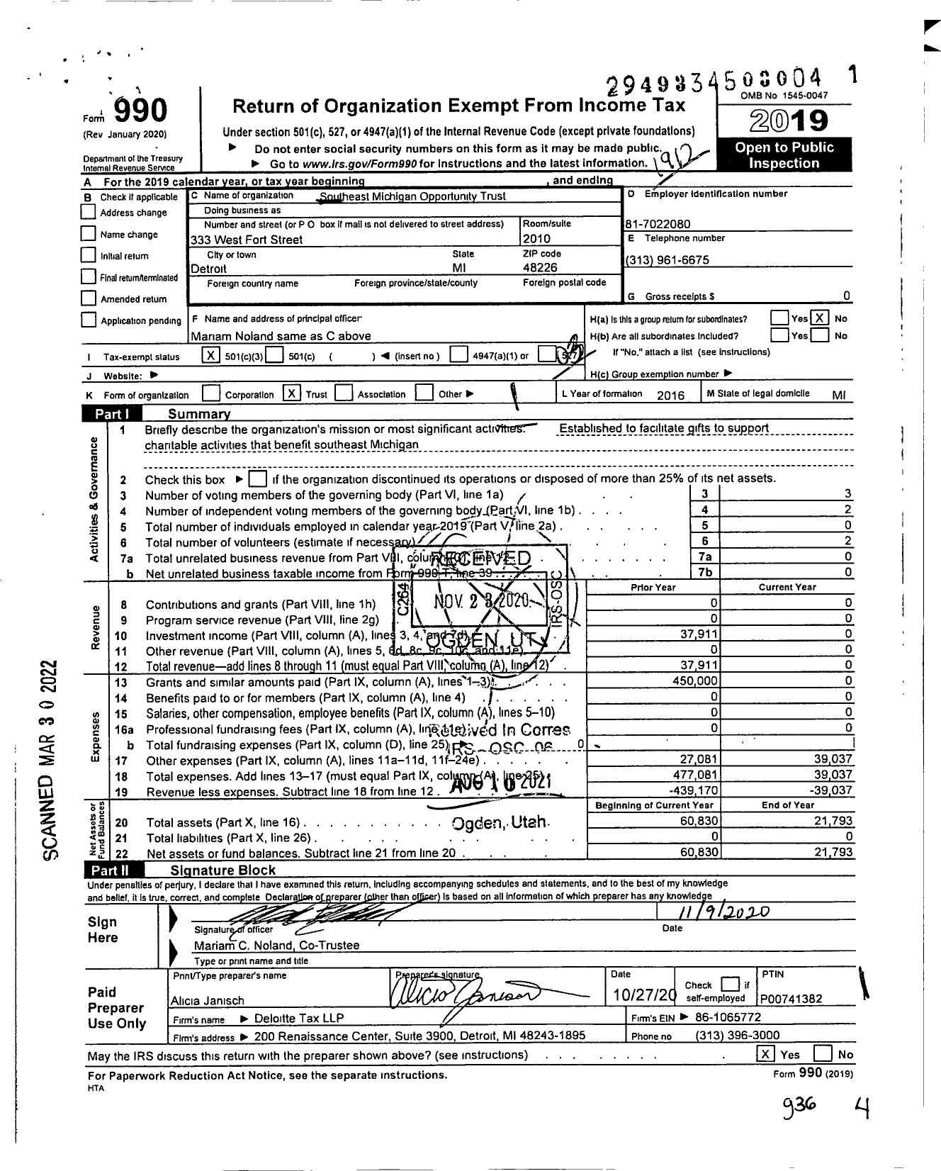 Image of first page of 2019 Form 990 for Southeast Michigan Opportunity Trust