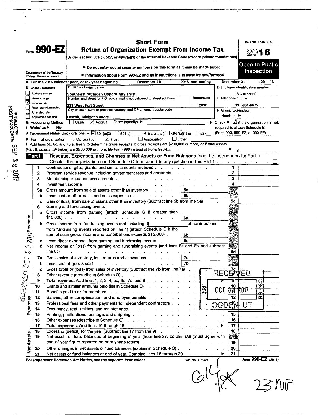 Image of first page of 2016 Form 990EZ for Southeast Michigan Opportunity Trust