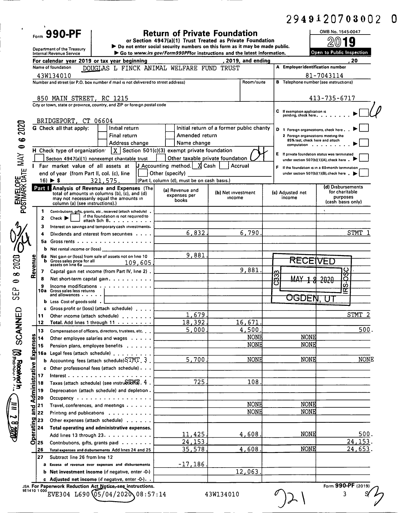 Image of first page of 2019 Form 990PR for Douglas L Finck Animal Welfare Fund Trust