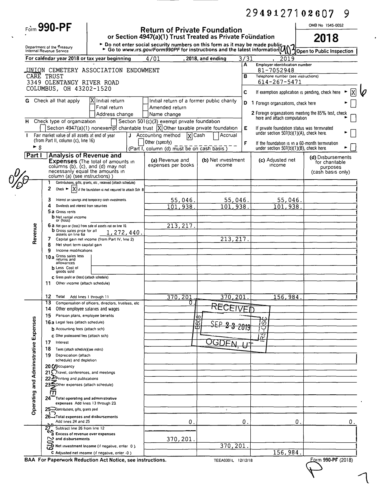 Image of first page of 2018 Form 990PF for Union Cemetery Association Endowment Care Trust