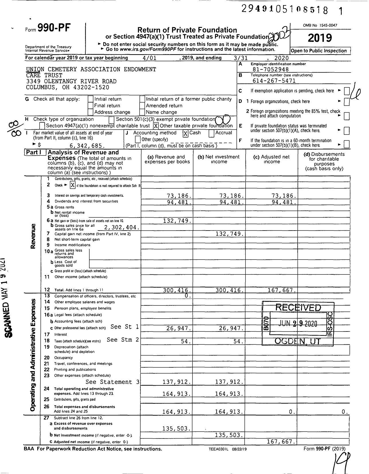 Image of first page of 2019 Form 990PF for Union Cemetery Association Endowment Care Trust