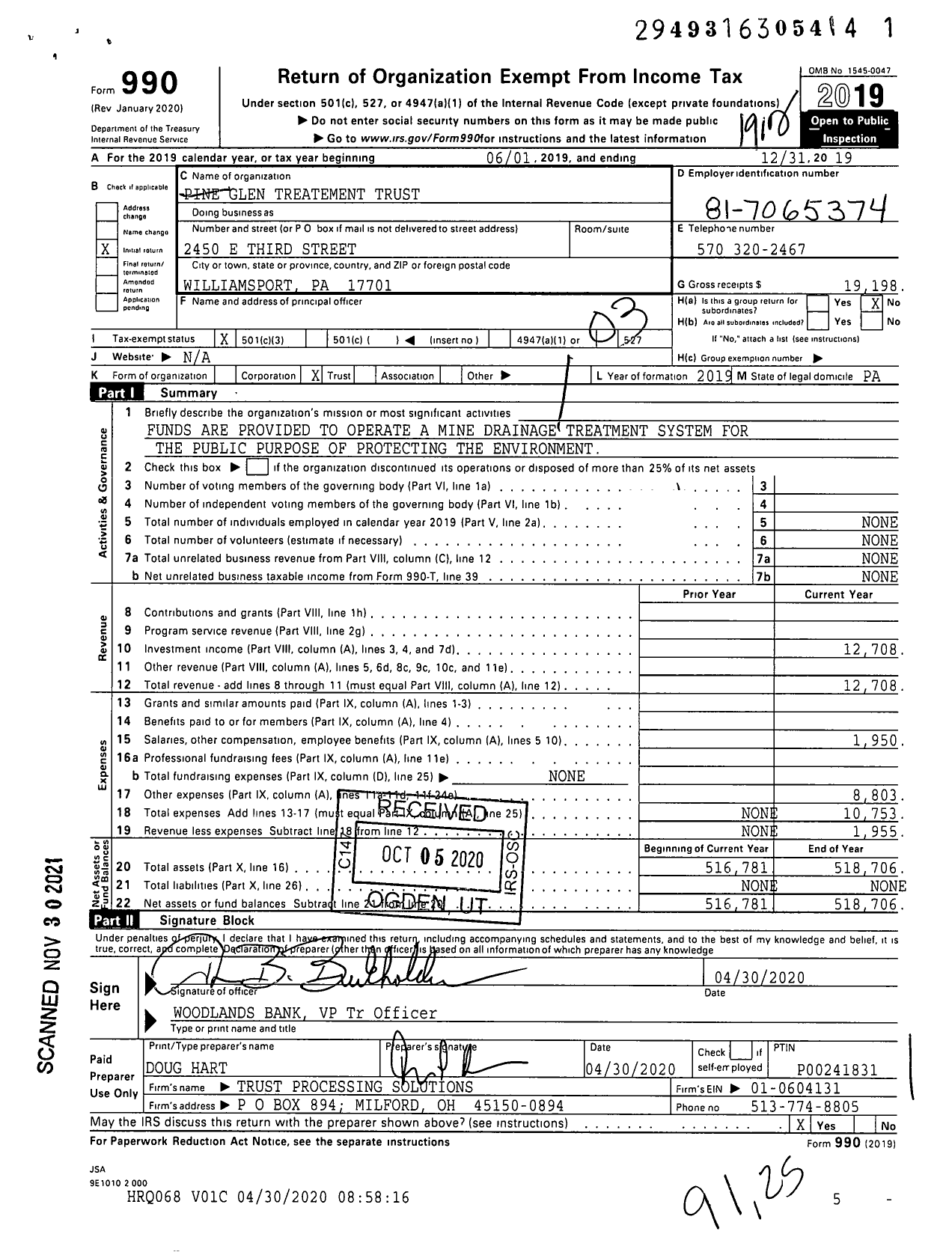 Image of first page of 2019 Form 990 for Pine Glen Treatement Trust