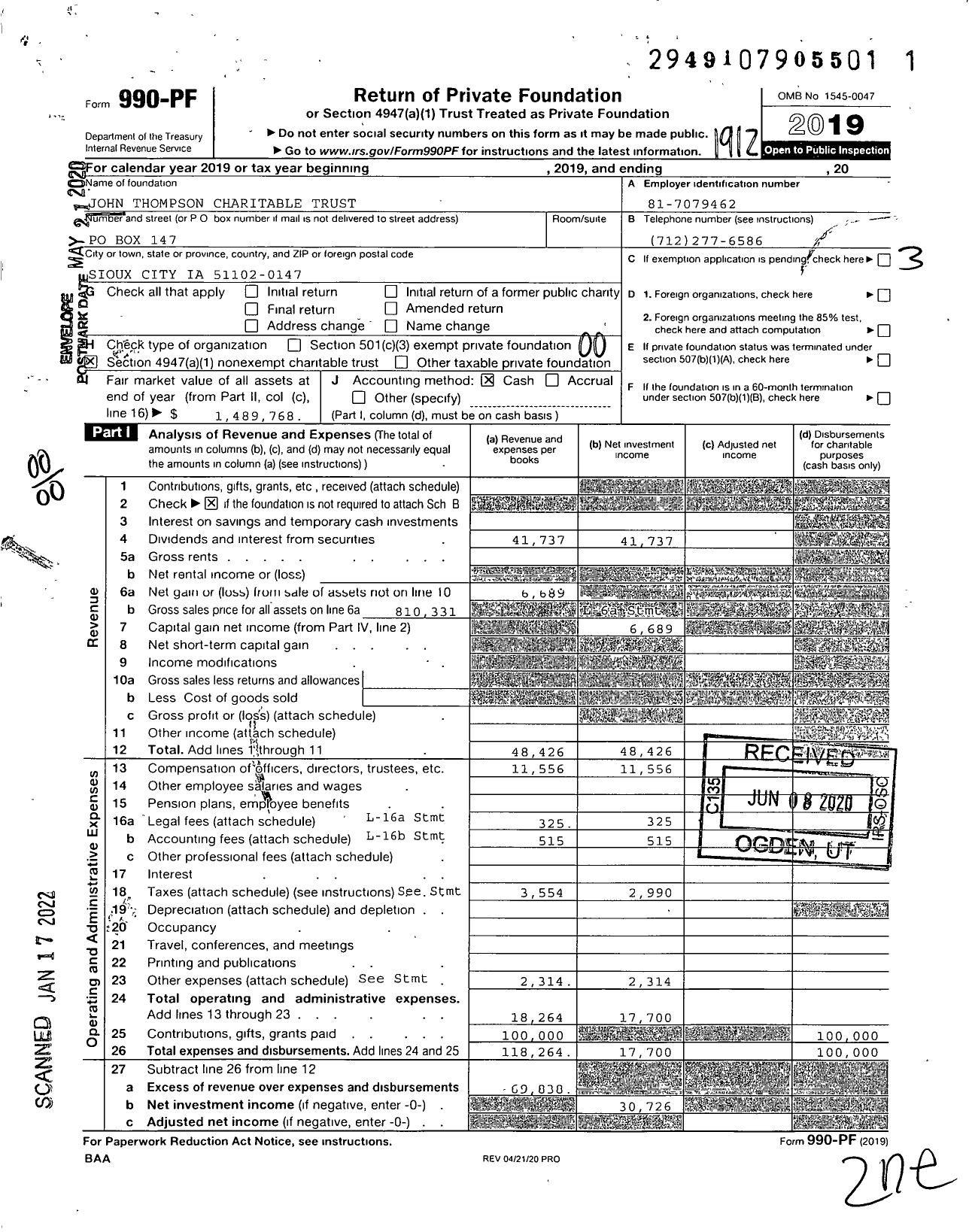 Image of first page of 2019 Form 990PF for John Thompson Charitable Trust