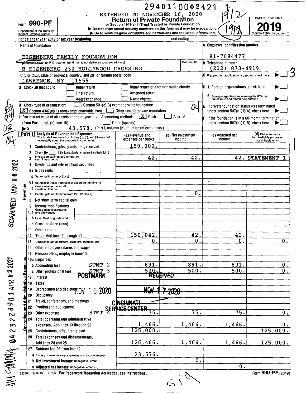 Image of first page of 2019 Form 990PF for Eisenberg Family Foundation / Leon Eisenberg Ttee