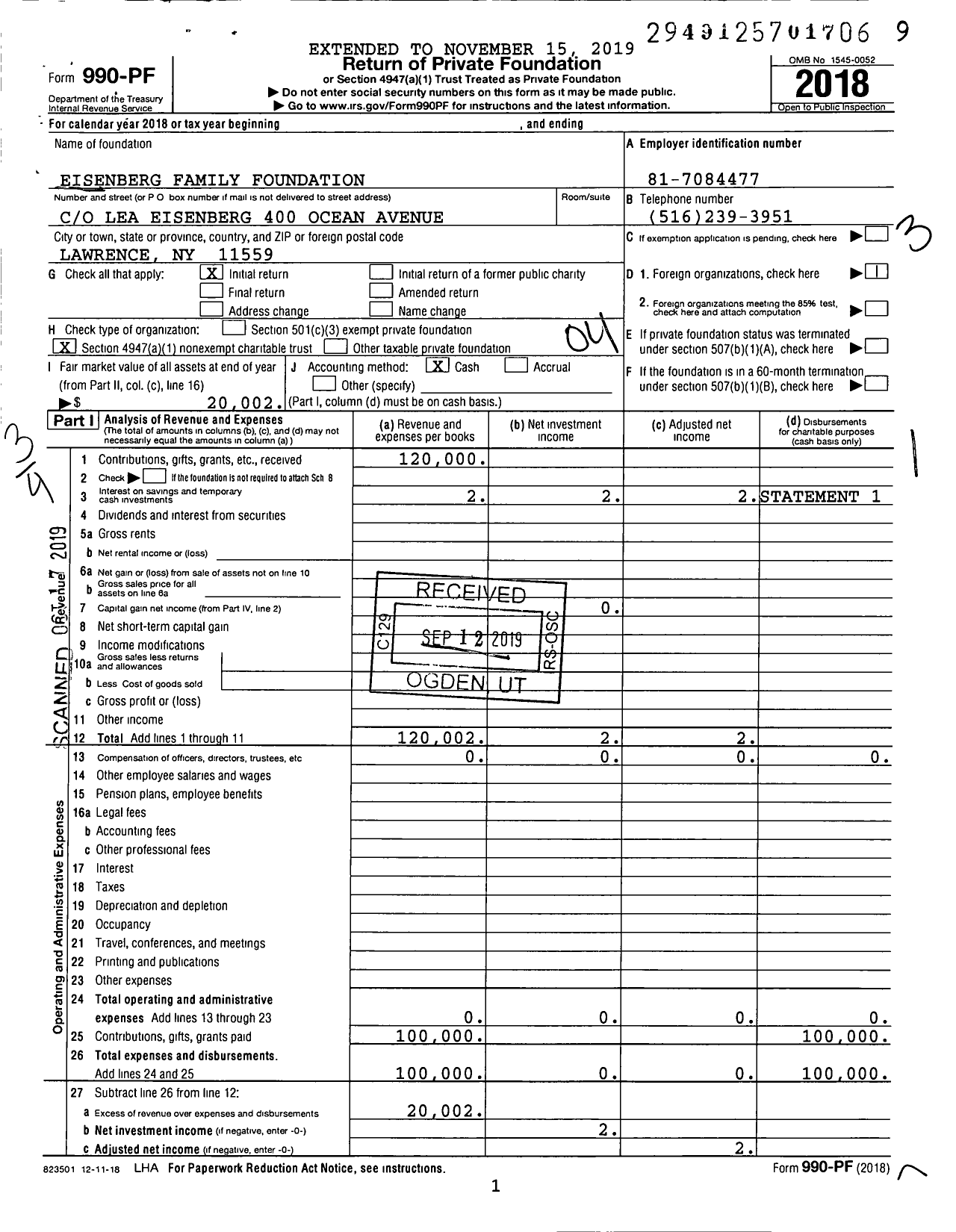 Image of first page of 2018 Form 990PF for Eisenberg Family Foundation / Leon Eisenberg Ttee