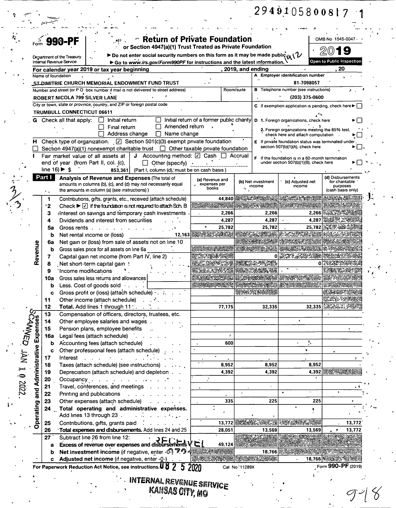 Image of first page of 2019 Form 990PF for St Dimitrie Church Memorial Endowment Fund Trust