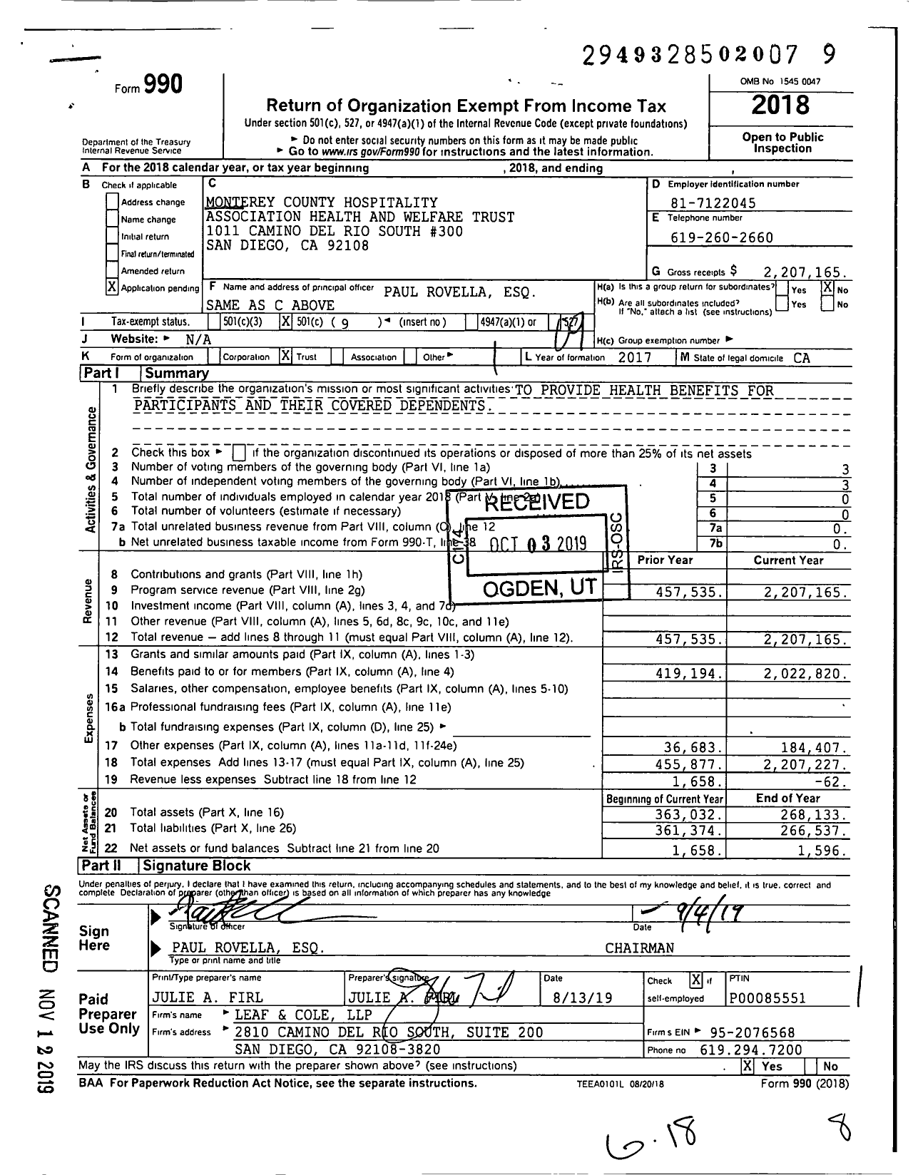 Image of first page of 2018 Form 990O for Monterey County Hospitality Association Health and Welfare Trust