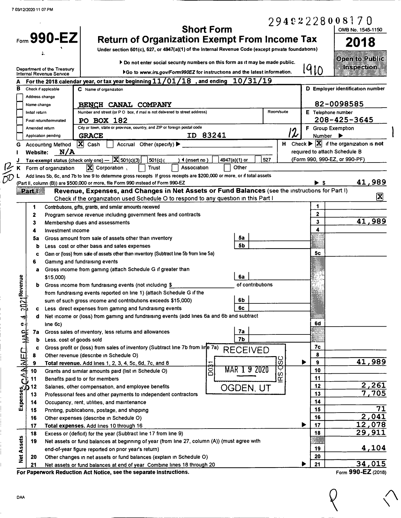 Image of first page of 2018 Form 990EO for Bench Canal Company
