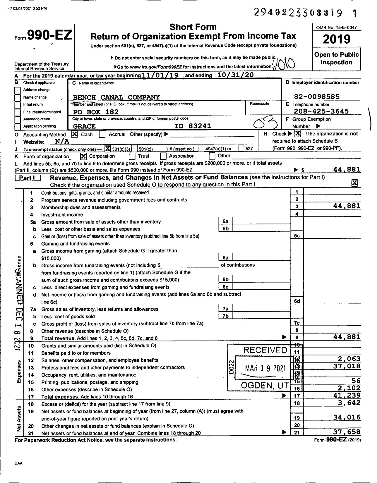 Image of first page of 2019 Form 990EZ for Bench Canal Company