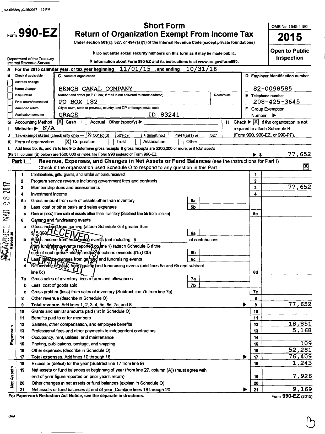 Image of first page of 2015 Form 990EZ for Bench Canal Company