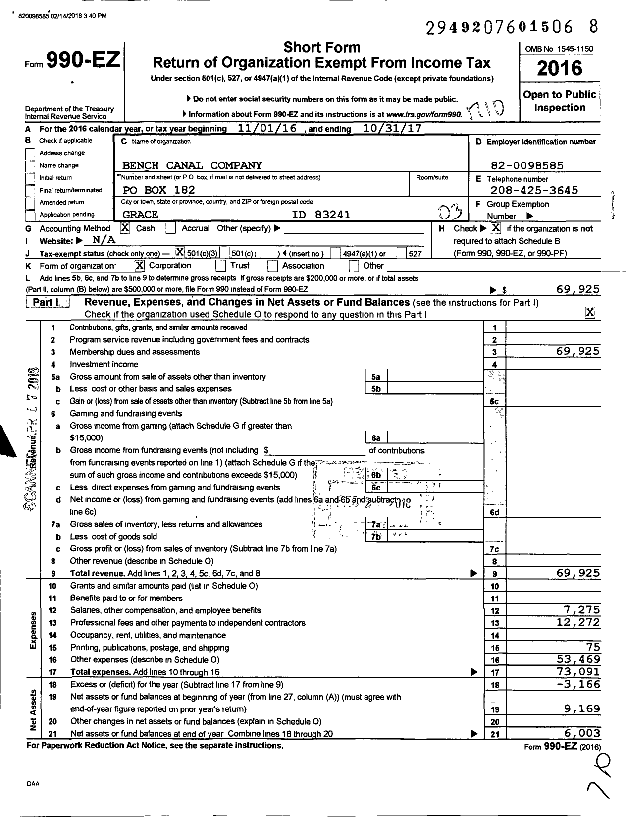 Image of first page of 2016 Form 990EZ for Bench Canal Company