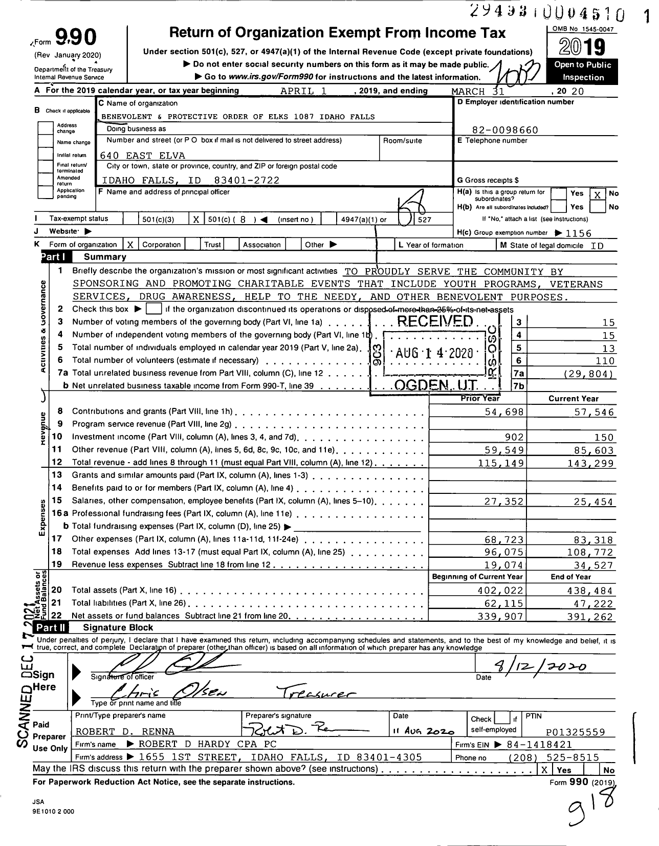 Image of first page of 2019 Form 990O for Benevolent and Protective Order of Elks - 1087 Idaho Falls