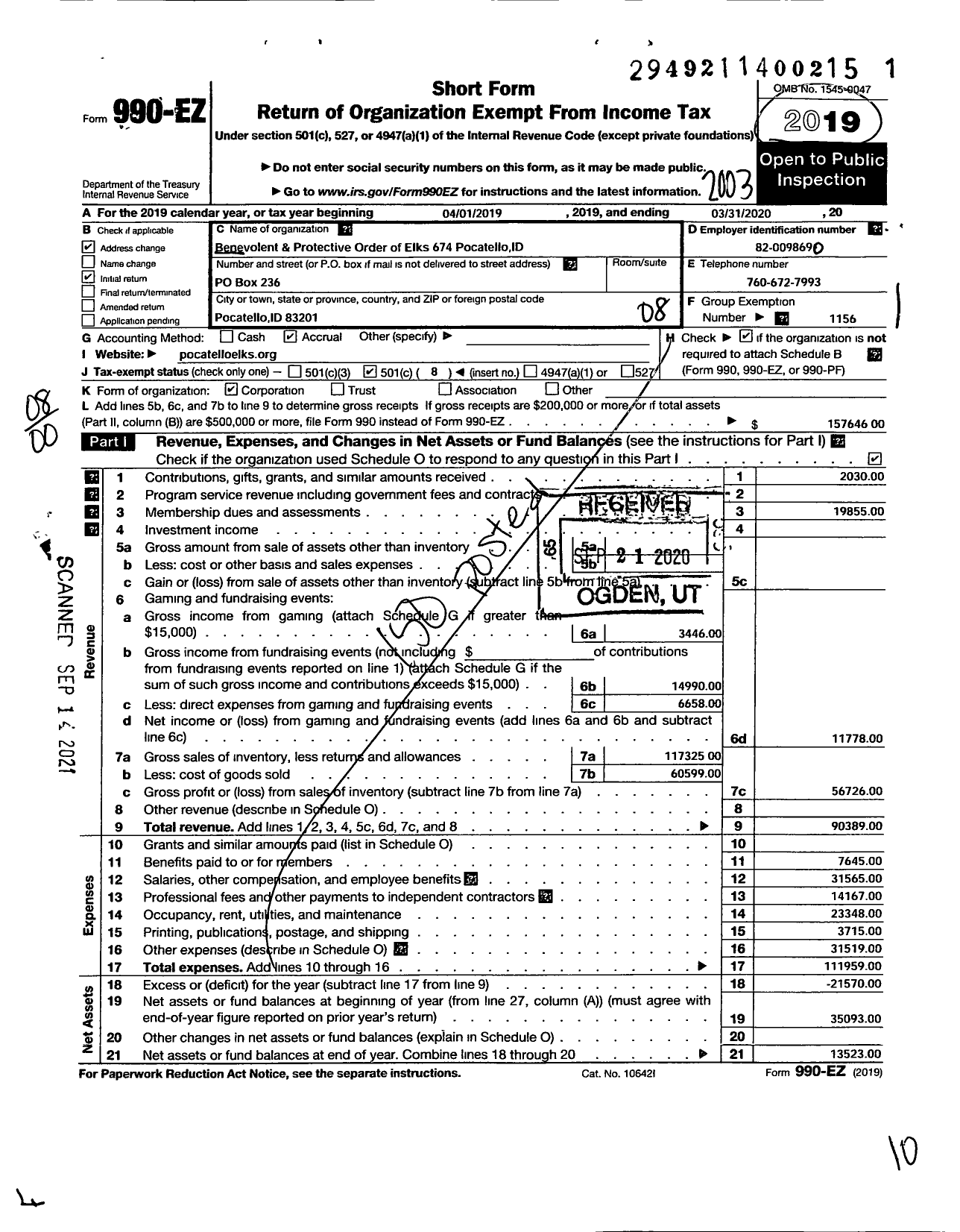 Image of first page of 2019 Form 990EO for Benevolent and Protective Order of Elks - 0674 Pocatello