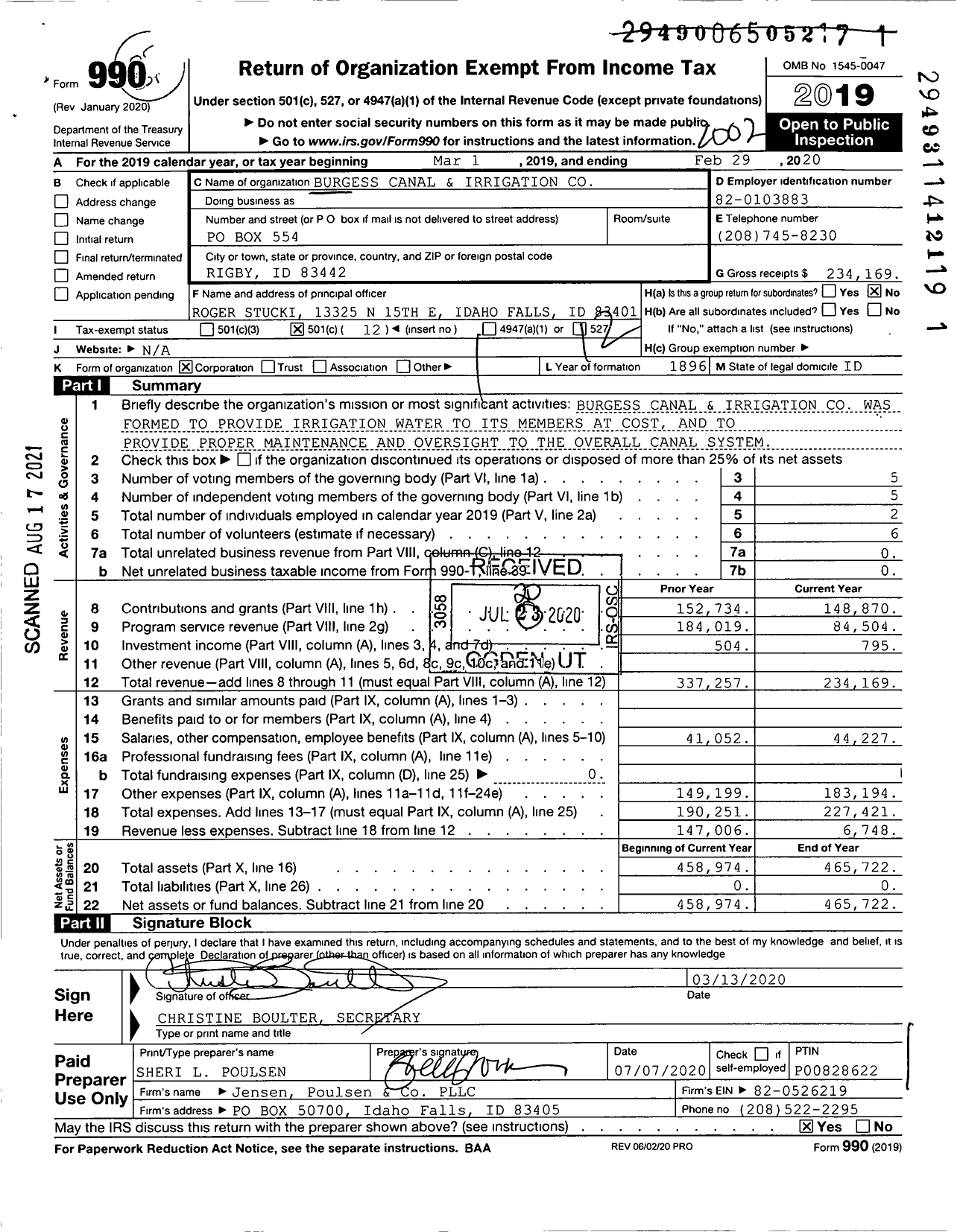 Image of first page of 2019 Form 990O for Burgess Canal and Irrigation