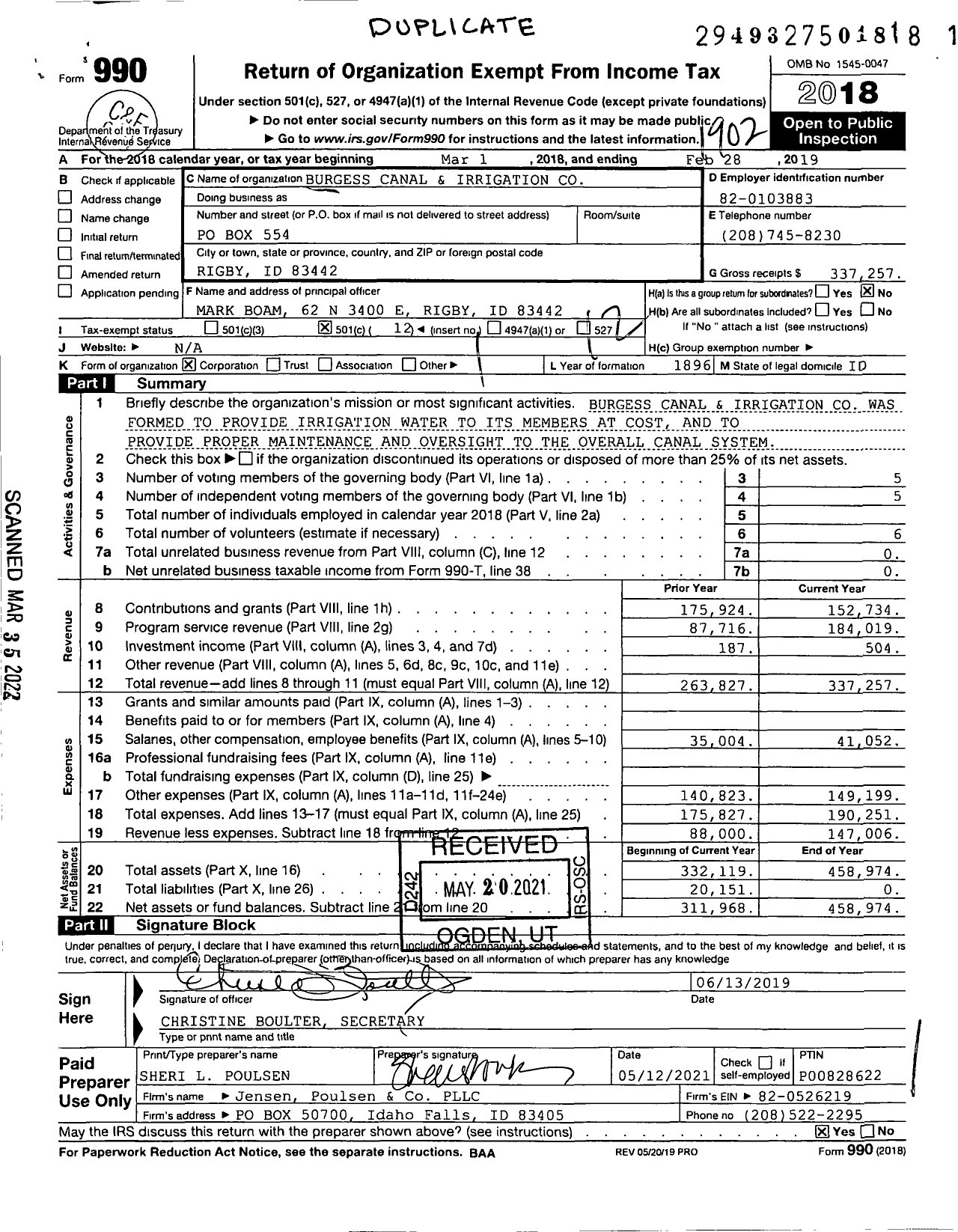 Image of first page of 2018 Form 990O for Burgess Canal and Irrigation