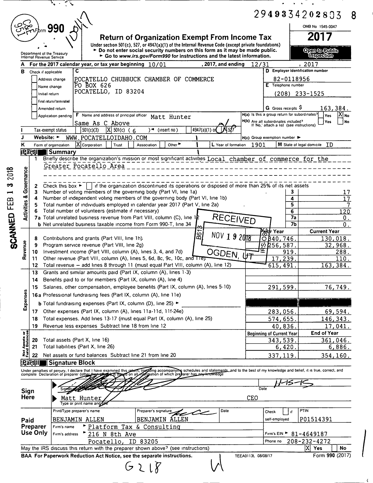 Image of first page of 2017 Form 990O for Pocatello Chubbuck Chamber of Commerce