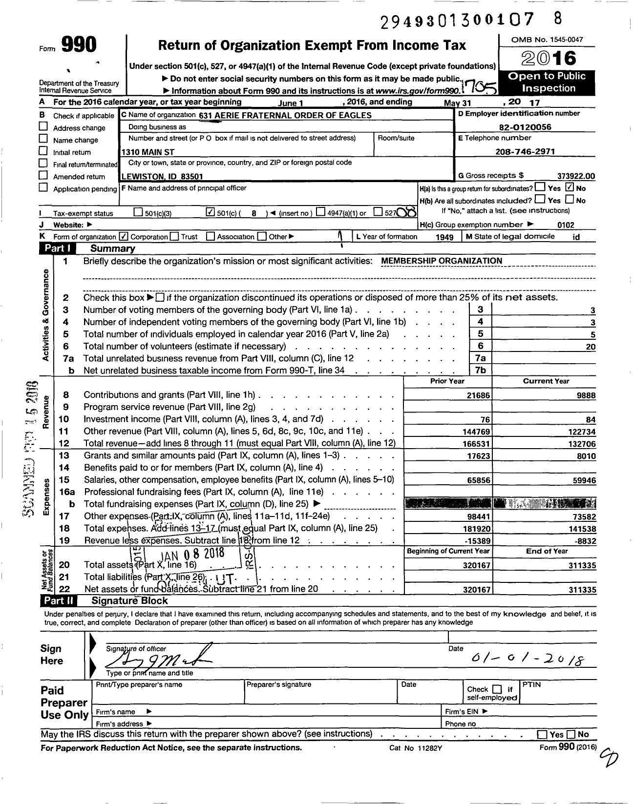 Image of first page of 2016 Form 990O for Fraternal Order of Eagles 631 Aerie