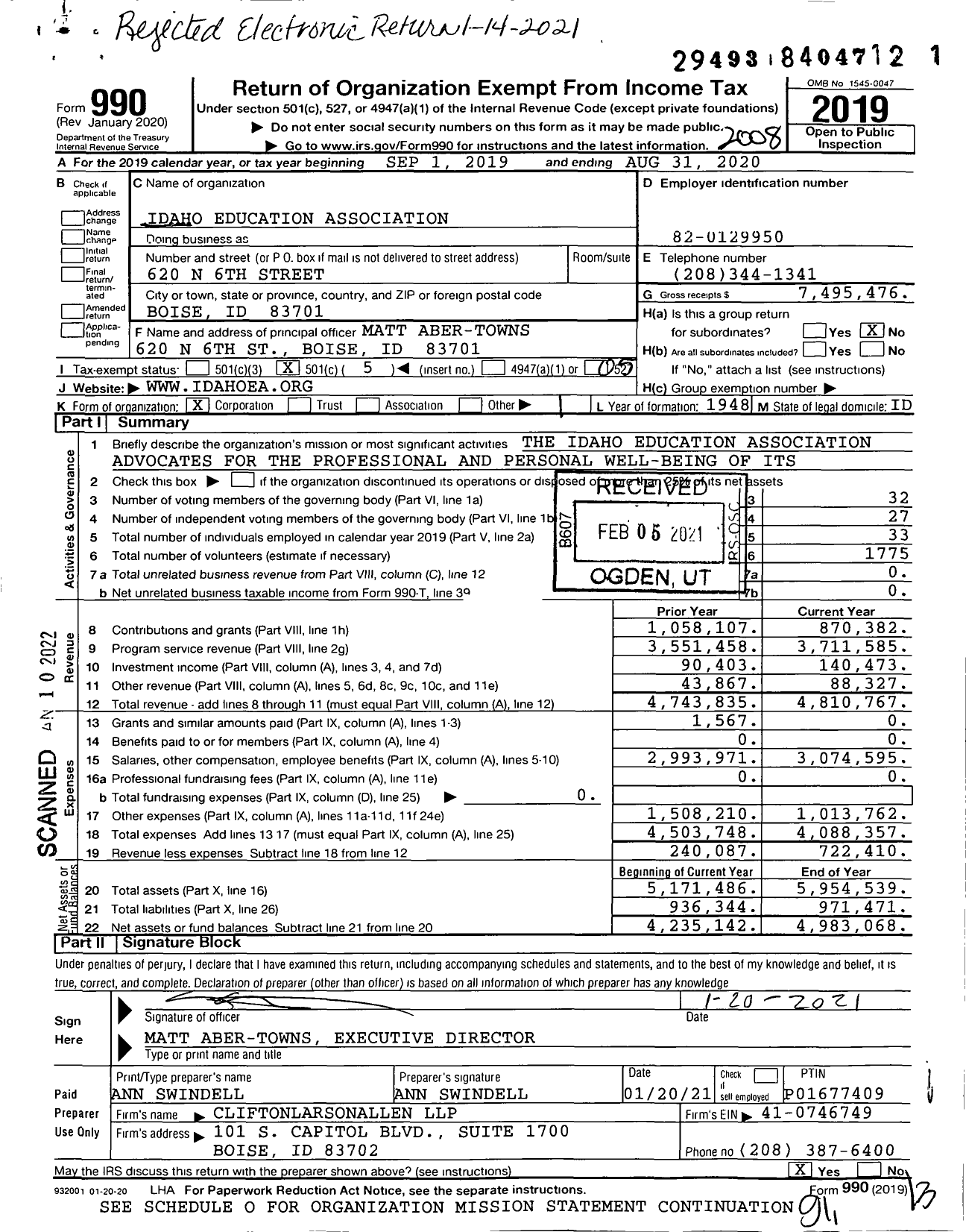 Image of first page of 2019 Form 990O for Idaho Education Association