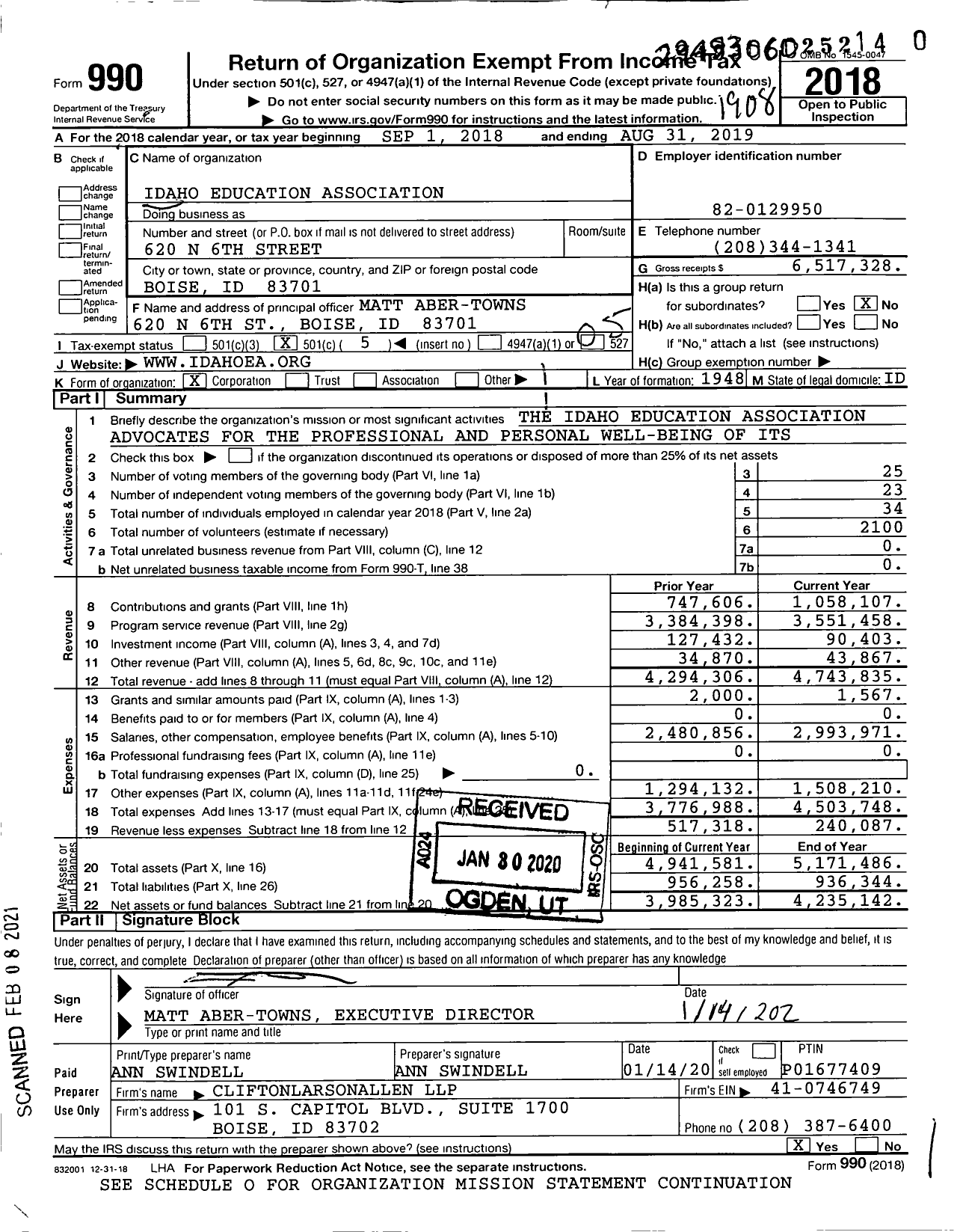 Image of first page of 2018 Form 990O for Idaho Education Association