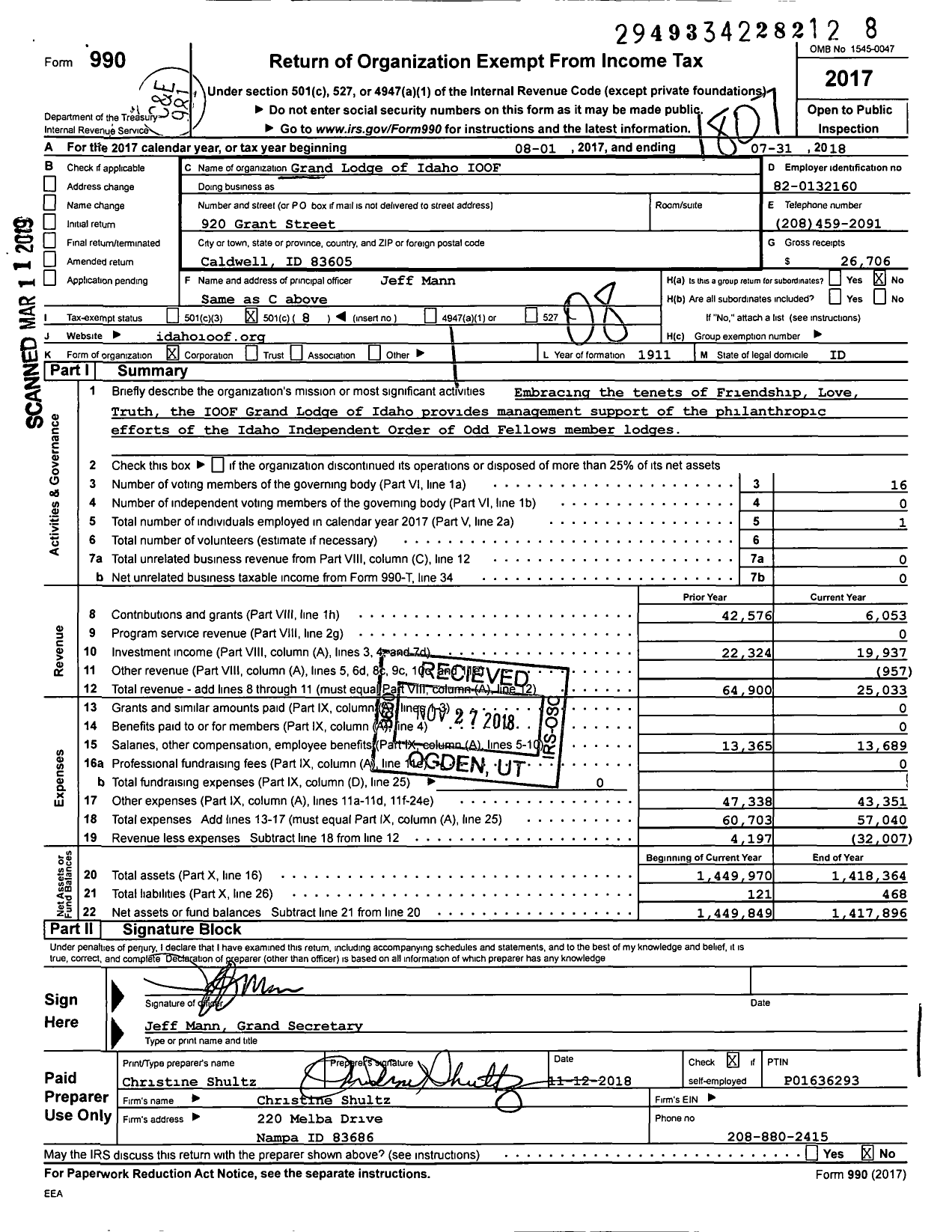 Image of first page of 2017 Form 990O for Independent Order of Odd Fellows - Grand Lodge of Idaho IOOF